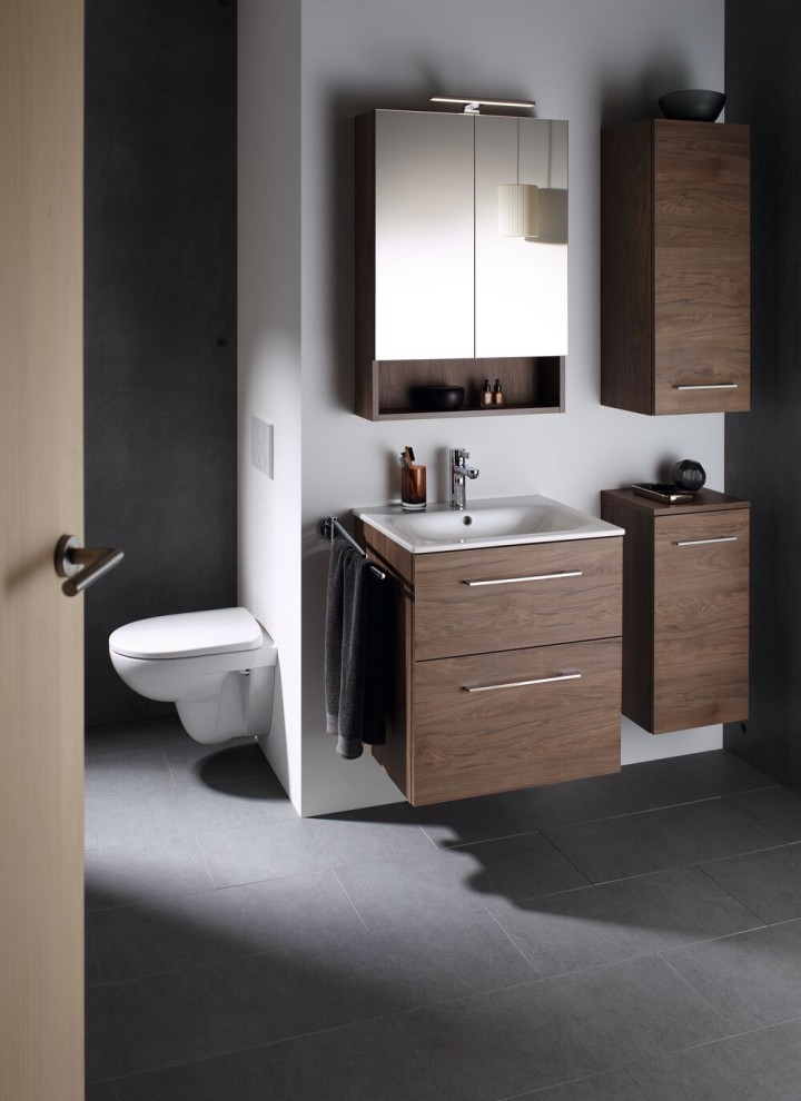 Baie Selnova Compact din lemn de nuc american, dulapuri laterale, dulap cu oglindă Baie Selnova Compact din lemn de nuc american, dulapuri laterale, dulap cu oglindă