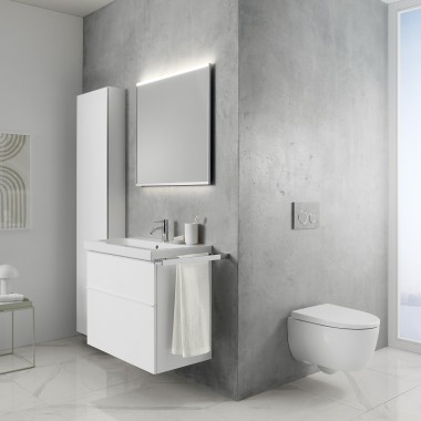 Seria de produse pentru baie Geberit iCon într-o baie gri și albă Seria de produse pentru baie Geberit iCon într-o baie gri și albă