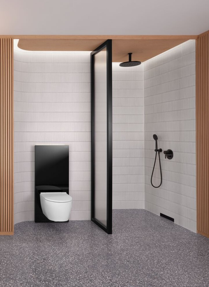 O baie cu un perete din lemn și o zonă de duș și WC în alb și negru.
