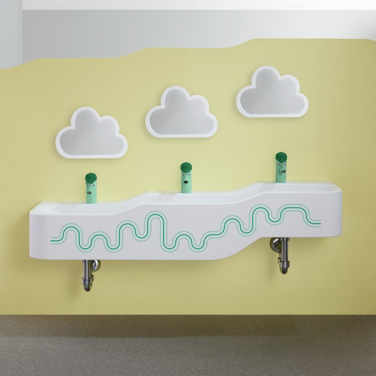 Spaţiu de joacă şi spălare Geberit Bambini în verde pădure şi verde deschis Spaţiu de joacă şi spălare Geberit Bambini în verde pădure şi verde deschis