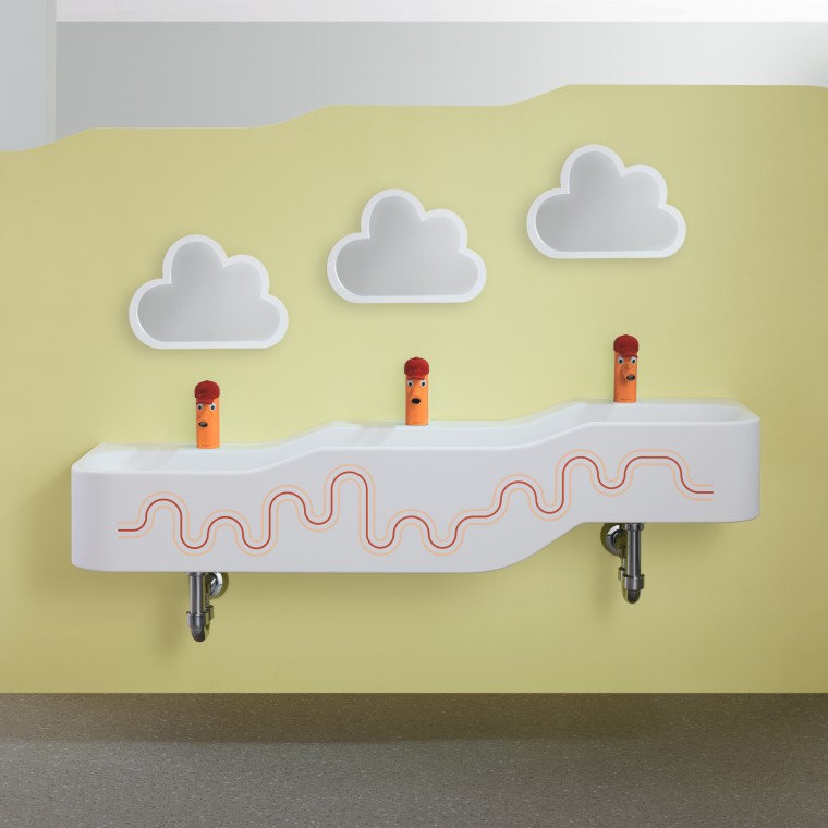 Spaţiu de joacă şi spălare Geberit Bambini în roşu carmin şi portocaliu