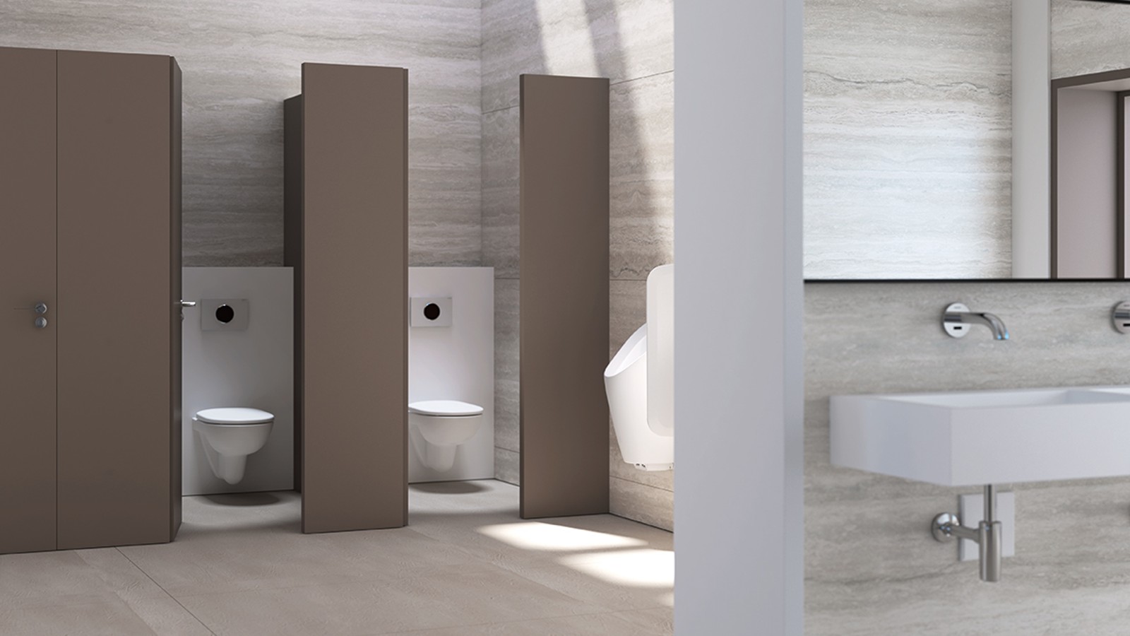 Grup sanitar public cu rezervoare, clapete de acţionare şi pisoare Geberit