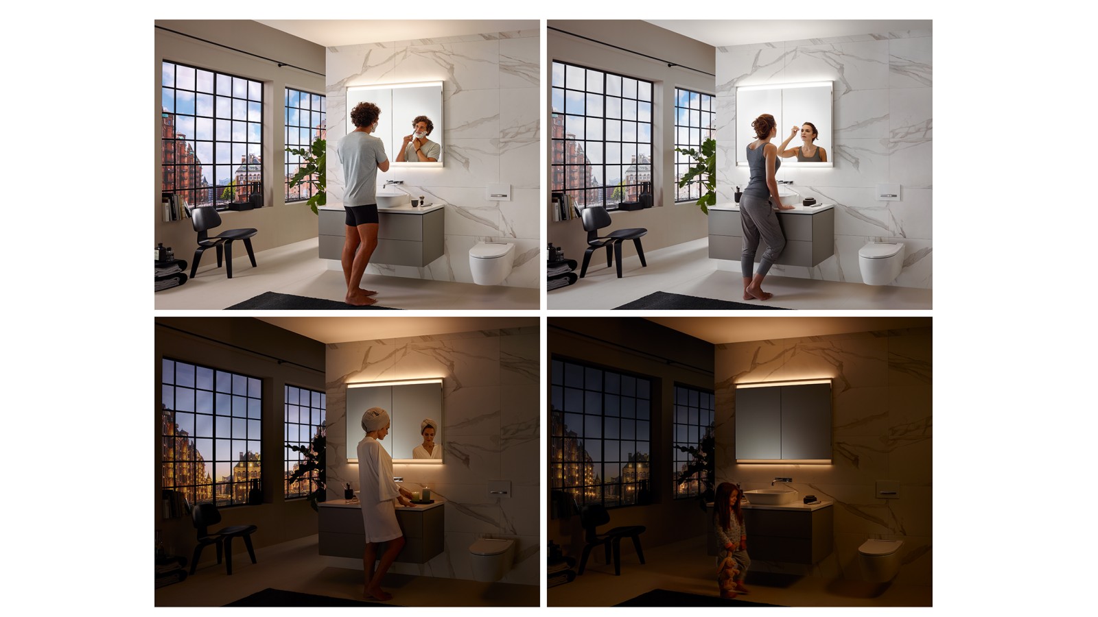 Diferite stări de iluminare în baie cu ajutorul conceptului de iluminat Geberit ComfortLight (© Geberit) Diferite stări de iluminare în baie cu ajutorul conceptului de iluminat Geberit ComfortLight (© Geberit)