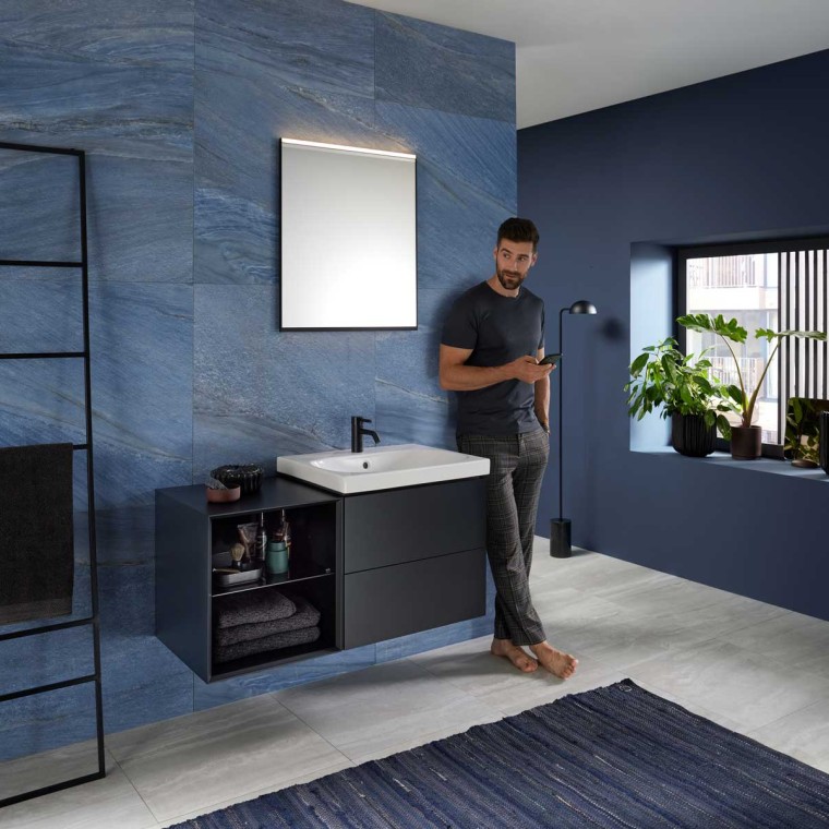 Lavoar de baie Mix & Match Geberit Acanto cu mobilier pentru lavoar Geberit ONE şi element lateral deschis Lavoar de baie Mix & Match Geberit Acanto cu mobilier pentru lavoar Geberit ONE şi element lateral deschis