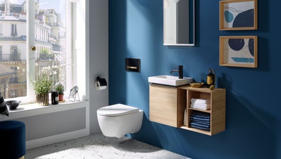 Lumina care intră printr-o fereastră într-o toaletă pentru oaspeți cu un perete albastru închis în spate