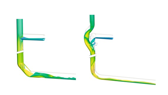 Schimbarea direcției cu două coturi Geberit Silent-db20 de 160 mm și 45°, așa cum este ilustrat în stânga, determină rotirea apei din conductă, ceea ce contribuie la reducerea zgomotului generat. În schimb, cotul Geberit Silent-db20 BottomTurn, așa cum este ilustrat în dreapta, transformă în mod calm și ordonat fluxul inelar din coloană într-un flux stratificat. Schimbarea direcției cu două coturi Geberit Silent-db20 de 160 mm și 45°, așa cum este ilustrat în stânga, determină rotirea apei din conductă, ceea ce contribuie la reducerea zgomotului generat. În schimb, cotul Geberit Silent-db20 BottomTurn, așa cum este ilustrat în dreapta, transformă în mod calm și ordonat fluxul inelar din coloană într-un flux stratificat.