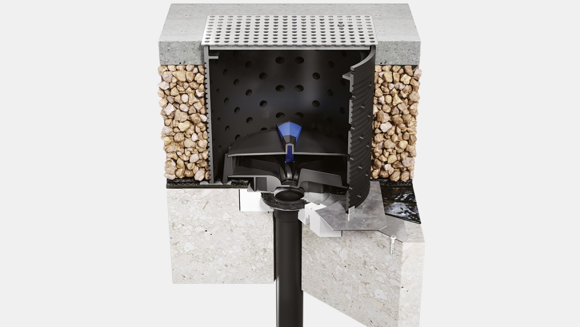 Geberit Pluvia instalat cu set „potrivit pentru terase circulabile” Geberit Pluvia instalat cu set „potrivit pentru terase circulabile”