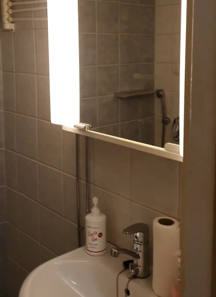Înainte avem imaginea de baie mică cu dulap cu oglindă și lavoar (© Meja Hynynen)