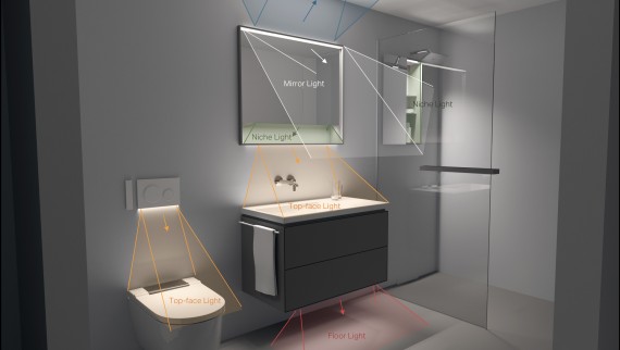 Imaginea arată diferitele zone iluminate din baie: wc, spălător și duș. (© Tribcraft)
