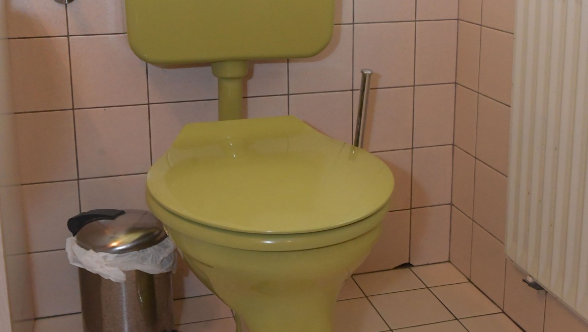 Vechiul wc cu rezervor aparent în baia de oaspeți Vechiul wc cu rezervor aparent în baia de oaspeți