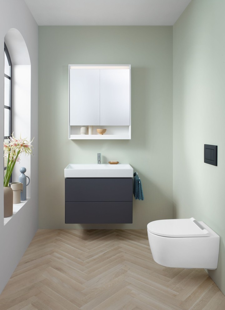 Toaletă pentru oaspeți cu WC suspendat, dulap cu oglinzi și dulap pentru lavoar din seria de baie Geberit ONE