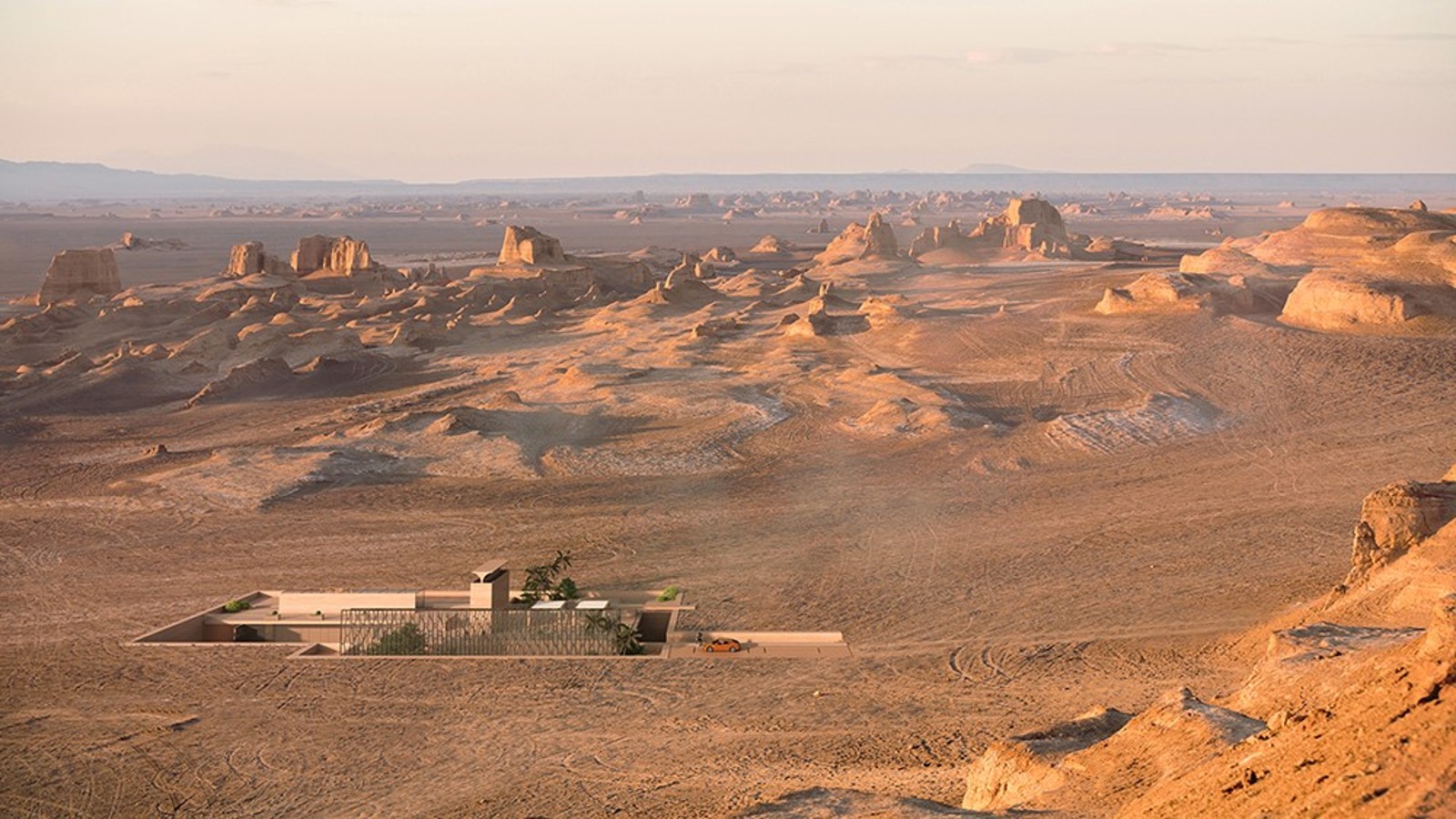 The H.O.M.E. Haus 2022 în deșert. Tradiționalul captator de vânt Badgir se ridică din pământ ca o sculptură maiestuoasă (©Bloomrealities/HTA für H.O.M.E. Haus 2022) The H.O.M.E. Haus 2022 în deșert. Tradiționalul captator de vânt Badgir se ridică din pământ ca o sculptură maiestuoasă (©Bloomrealities/HTA für H.O.M.E. Haus 2022)