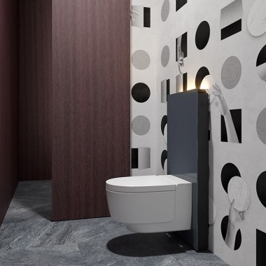 Wc pentru oaspeți cu wc cu funcție de bideu Geberit AquaClean Mera și modul sanitar Monolith (©Bloomrealities/HTA für H.O.M.E. Haus 2022)