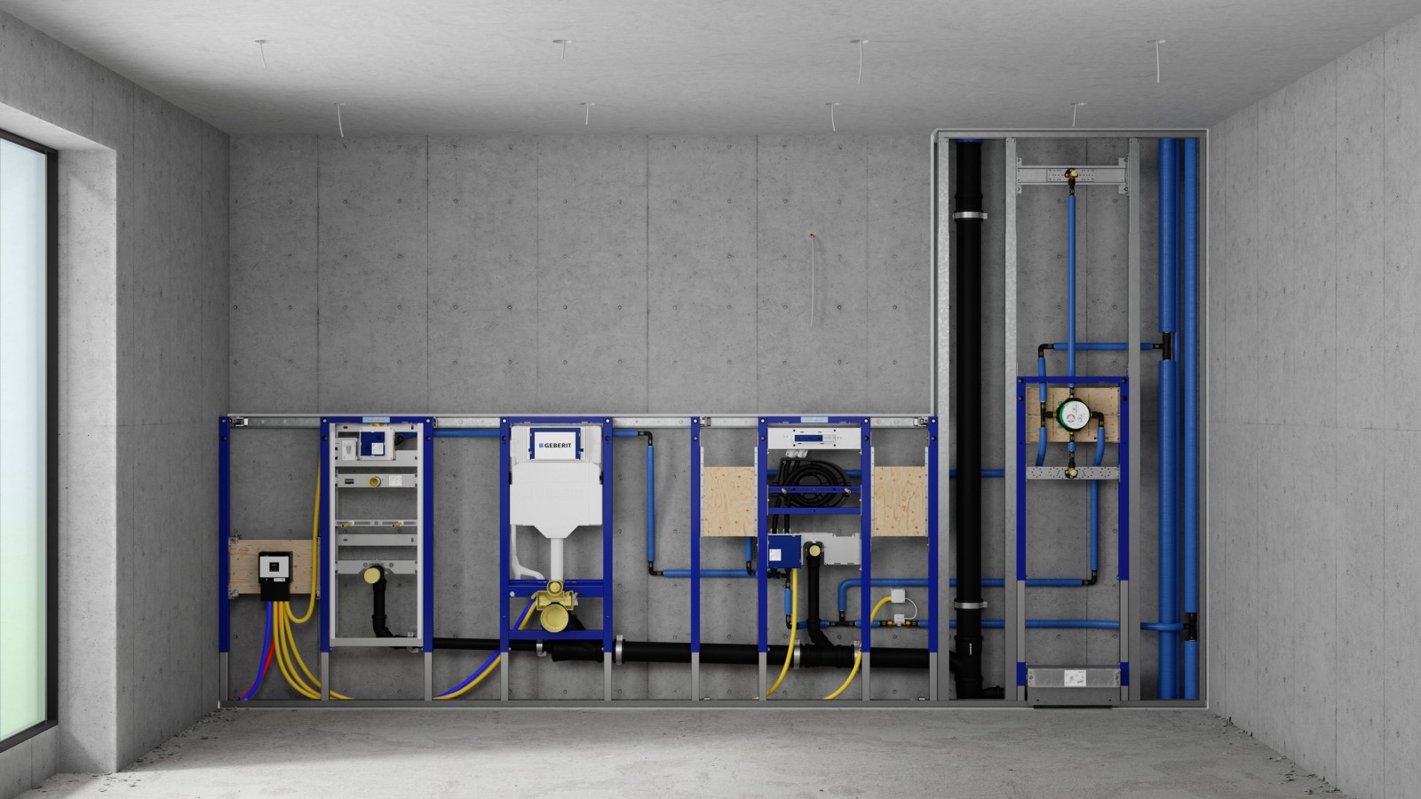 Perete de instalare cu elemente Geberit Duofix pentru pisoar, WC, lavoar și duș Perete de instalare cu elemente Geberit Duofix pentru pisoar, WC, lavoar și duș