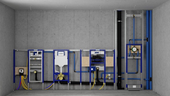 Perete de instalare cu elemente Geberit Duofix pentru pisoar, WC, lavoar și duș Perete de instalare cu elemente Geberit Duofix pentru pisoar, WC, lavoar și duș