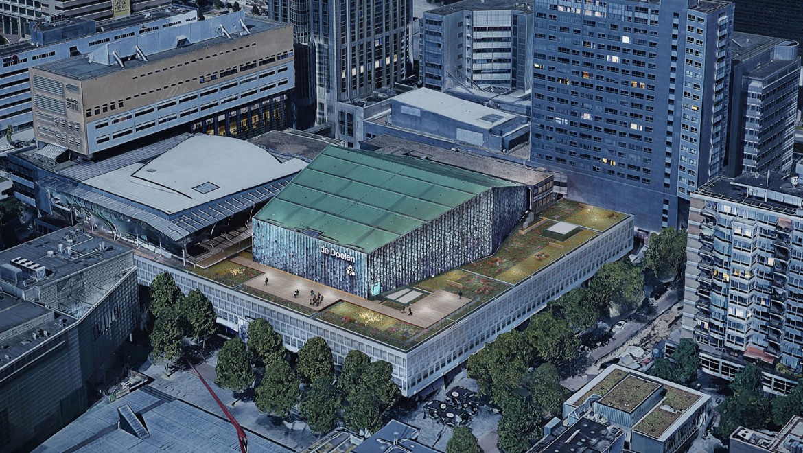 Acoperișul plat măsoară peste 2500 m² și se întinde în jurul acoperișului de cupru al sălii mari de concerte (© Plotvis and Kraaijvanger Architecten).