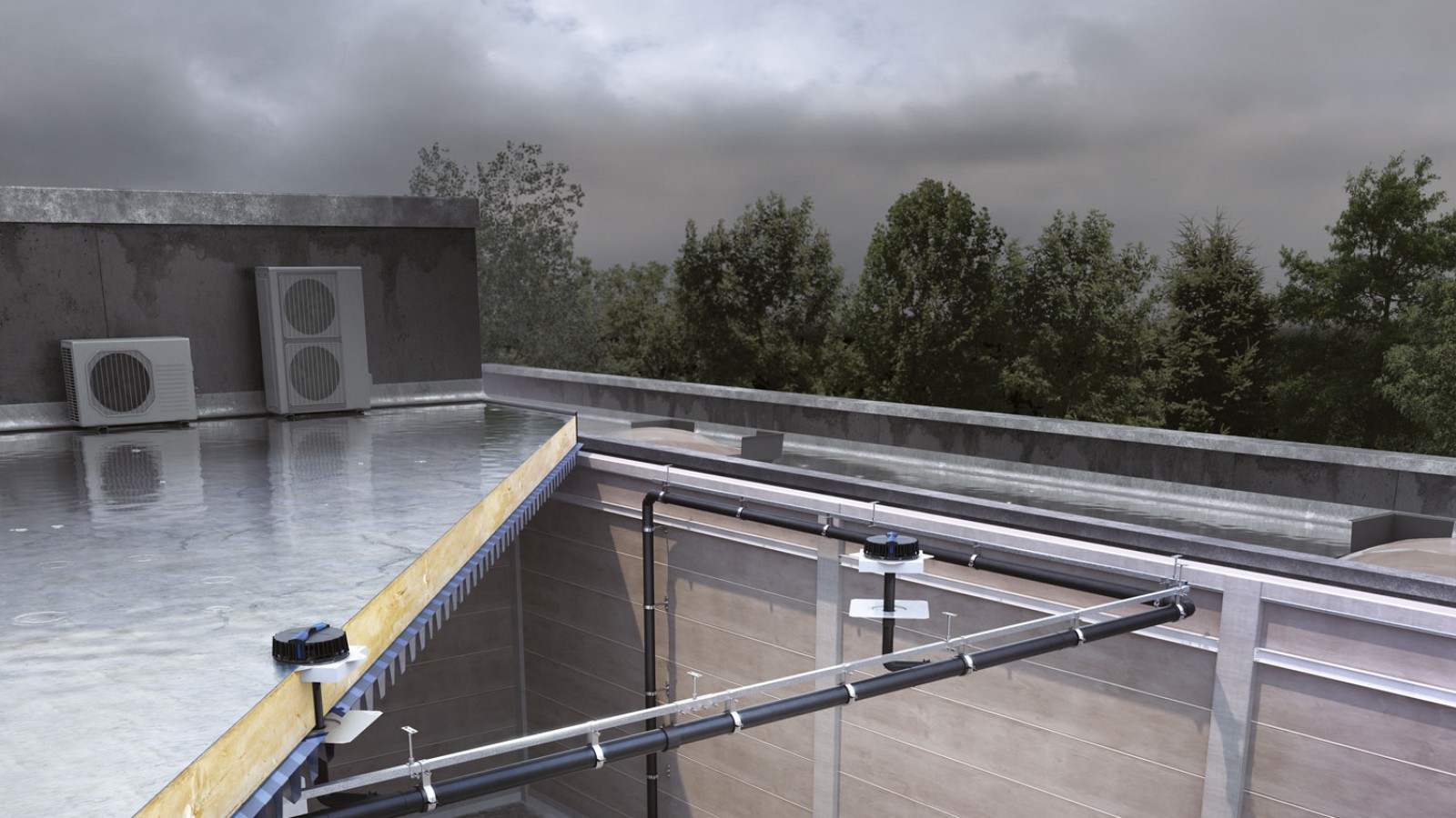 Sistemul de drenaj pentru acoperișuri Pluvia poate evacua toate cele trei turnuri cu relativ puține receptoare. (© Geberit) Sistemul de drenaj pentru acoperișuri Pluvia poate evacua toate cele trei turnuri cu relativ puține receptoare. (© Geberit)