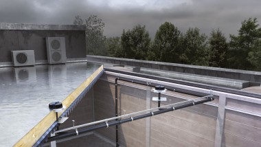 Sistemul de drenaj pentru acoperișuri Pluvia poate evacua toate cele trei turnuri cu relativ puține receptoare. (© Geberit) Sistemul de drenaj pentru acoperișuri Pluvia poate evacua toate cele trei turnuri cu relativ puține receptoare. (© Geberit)