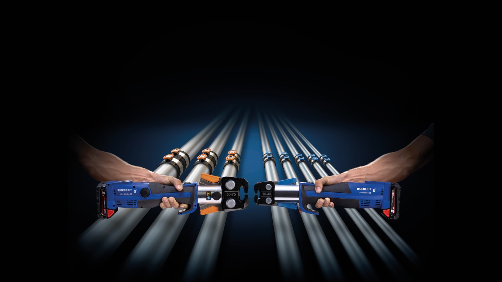 Potrivirea cu coduri de culori a fălcilor de presare la dimensiunile fitingurilor Geberit FlowFit Potrivirea cu coduri de culori a fălcilor de presare la dimensiunile fitingurilor Geberit FlowFit