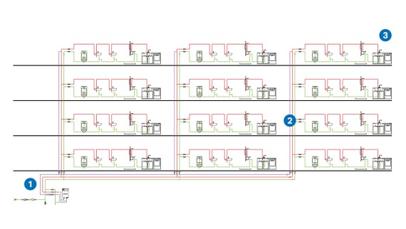 Comparaţia sistemului pentru un exemplu de casă cu douăsprezece unităţi rezidenţiale pe patru etaje
