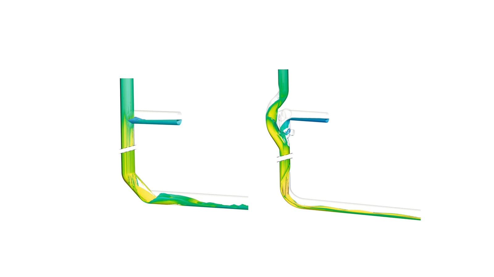 Schimbarea direcției cu două coturi Geberit Silent-db20 de 160 mm și 45°, așa cum este ilustrat în stânga, determină rotirea apei din conductă, ceea ce contribuie la reducerea zgomotului generat. În schimb, cotul Geberit Silent-db20 BottomTurn, așa cum este ilustrat în dreapta, transformă în mod calm și ordonat fluxul inelar din coloană într-un flux stratificat. Schimbarea direcției cu două coturi Geberit Silent-db20 de 160 mm și 45°, așa cum este ilustrat în stânga, determină rotirea apei din conductă, ceea ce contribuie la reducerea zgomotului generat. În schimb, cotul Geberit Silent-db20 BottomTurn, așa cum este ilustrat în dreapta, transformă în mod calm și ordonat fluxul inelar din coloană într-un flux stratificat.