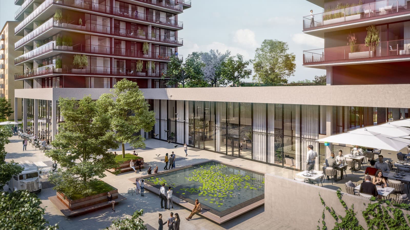 La parter, cele trei turnuri sunt conectate între ele.(© Soravia) La parter, cele trei turnuri sunt conectate între ele.(© Soravia)